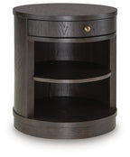 Dark brown round accent table with drawer and two open shelves