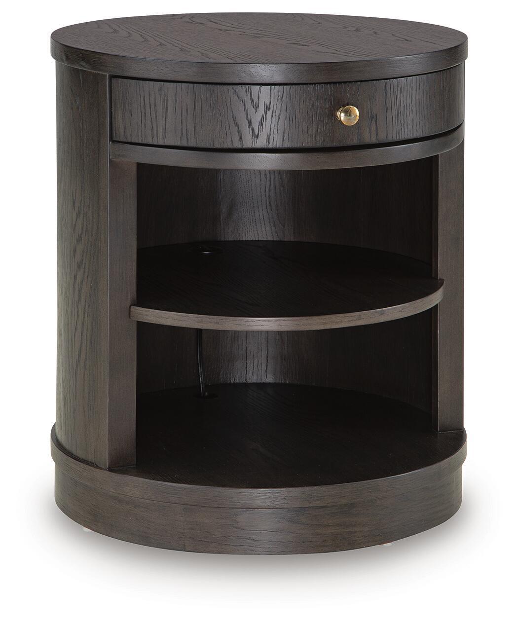 Dark brown round accent table with drawer and two open shelves