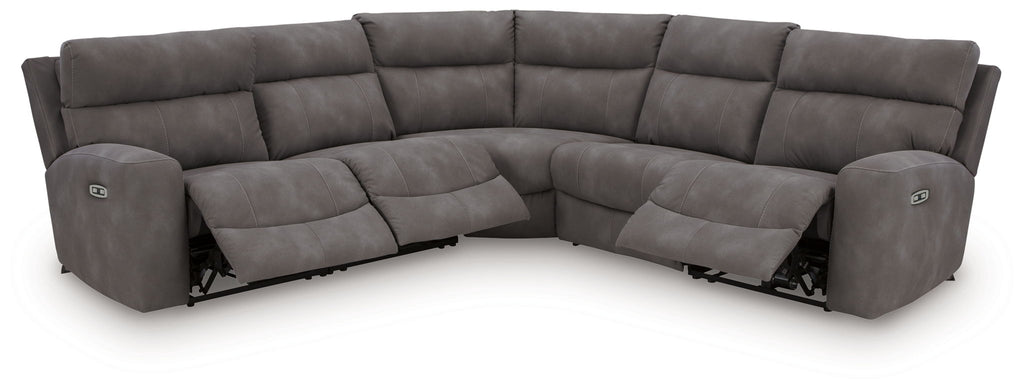 Dark gray power reclining sectional sofa with corner chaise and side recliner arms