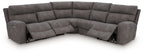 Dark gray power reclining sectional sofa with corner chaise and side recliner arms
