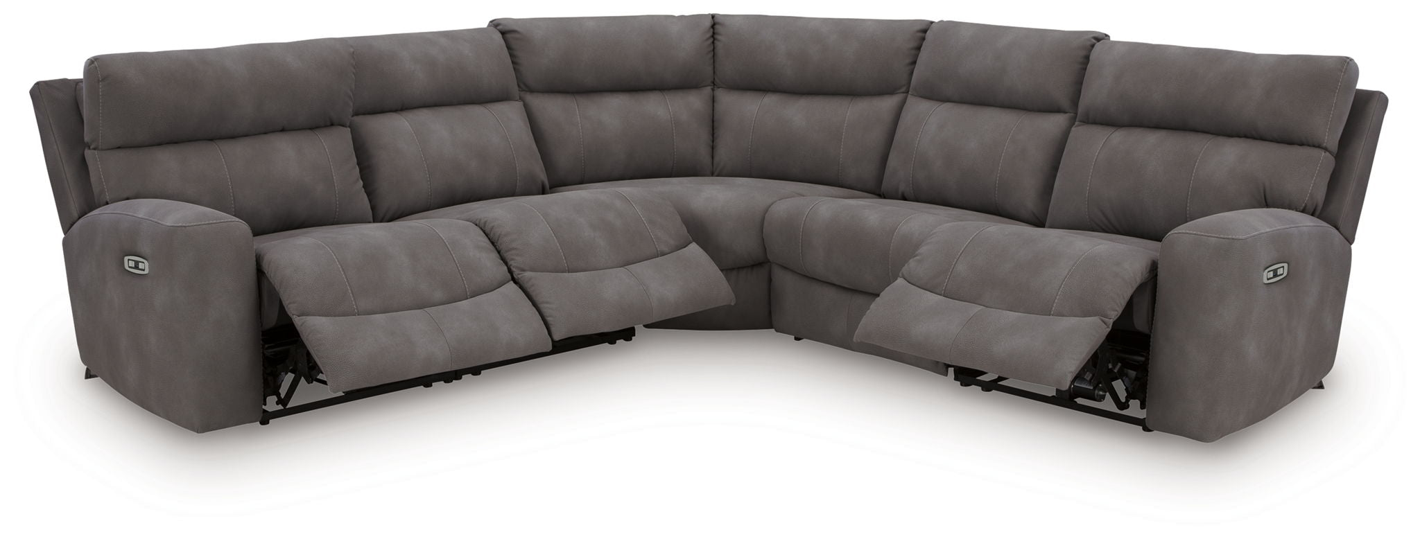 Dark gray power reclining sectional sofa with corner chaise and side recliner arms
