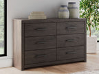 Dark gray dresser with six drawers and horizontal bar pulls