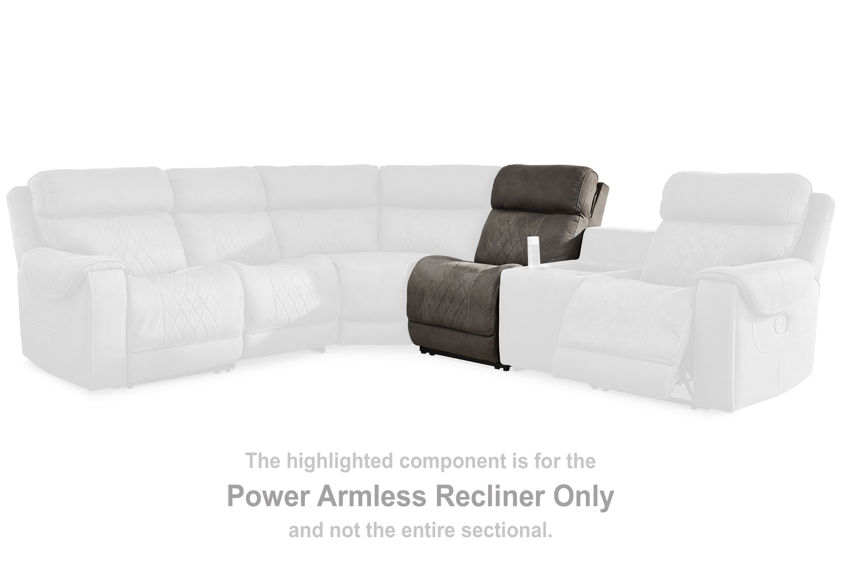 Dark gray armless recliner component with adjustable headrest on light sectional