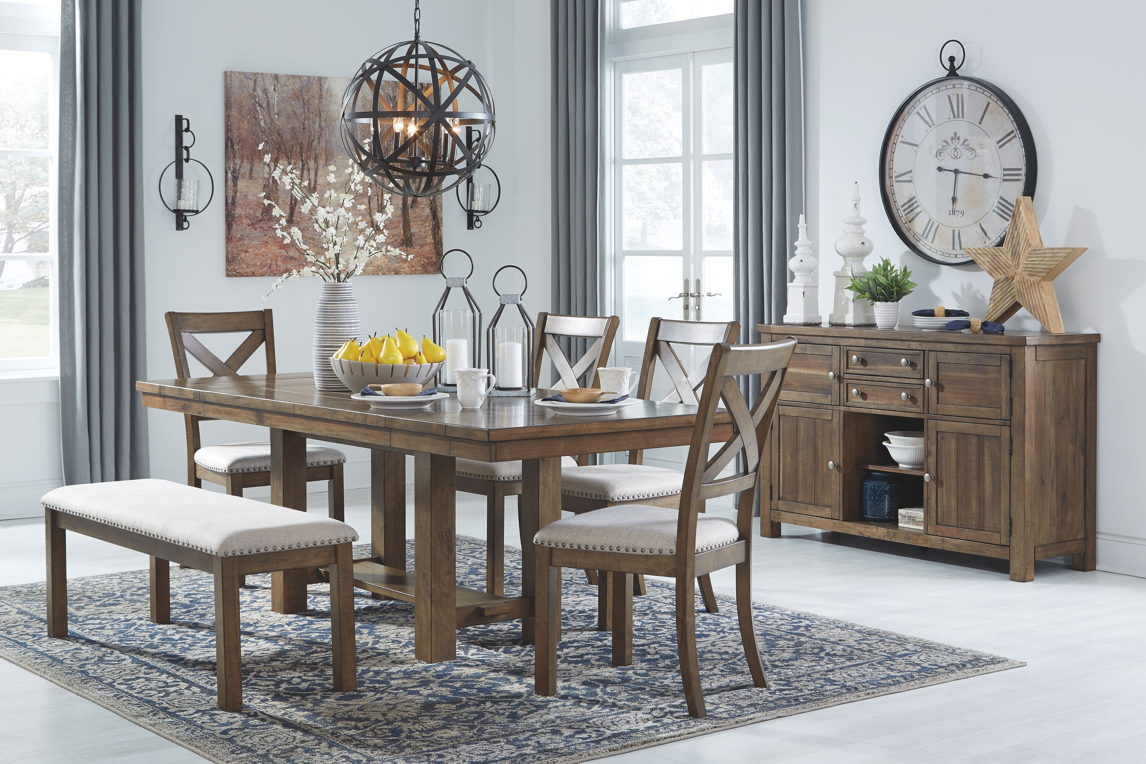 Rectangular dining table set with 6 chairs, dark wood table and upholstered benches