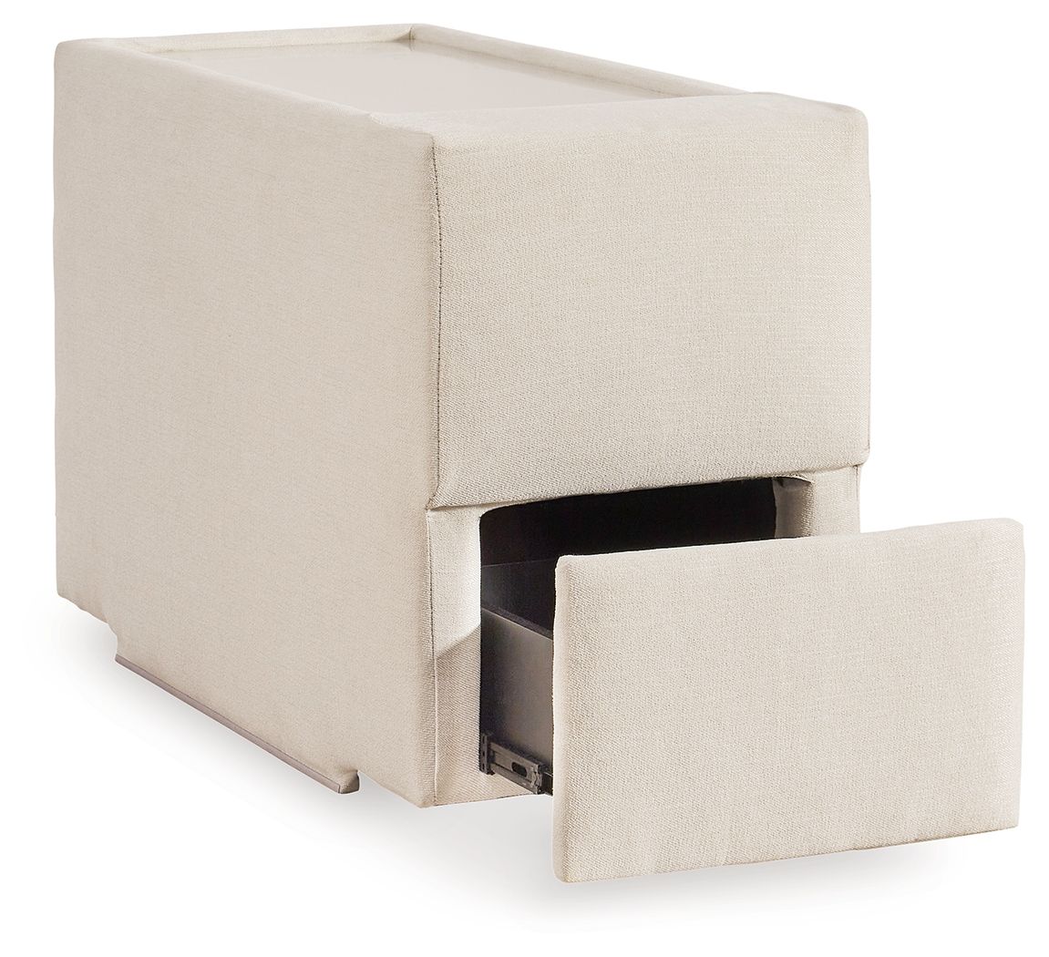 Upholstered console with storage in oyster-beige, top open to reveal interior compartment