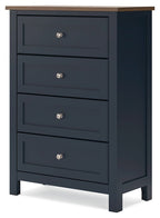 Dark blue four-drawer chest with metal knob pulls and light wood top panel.