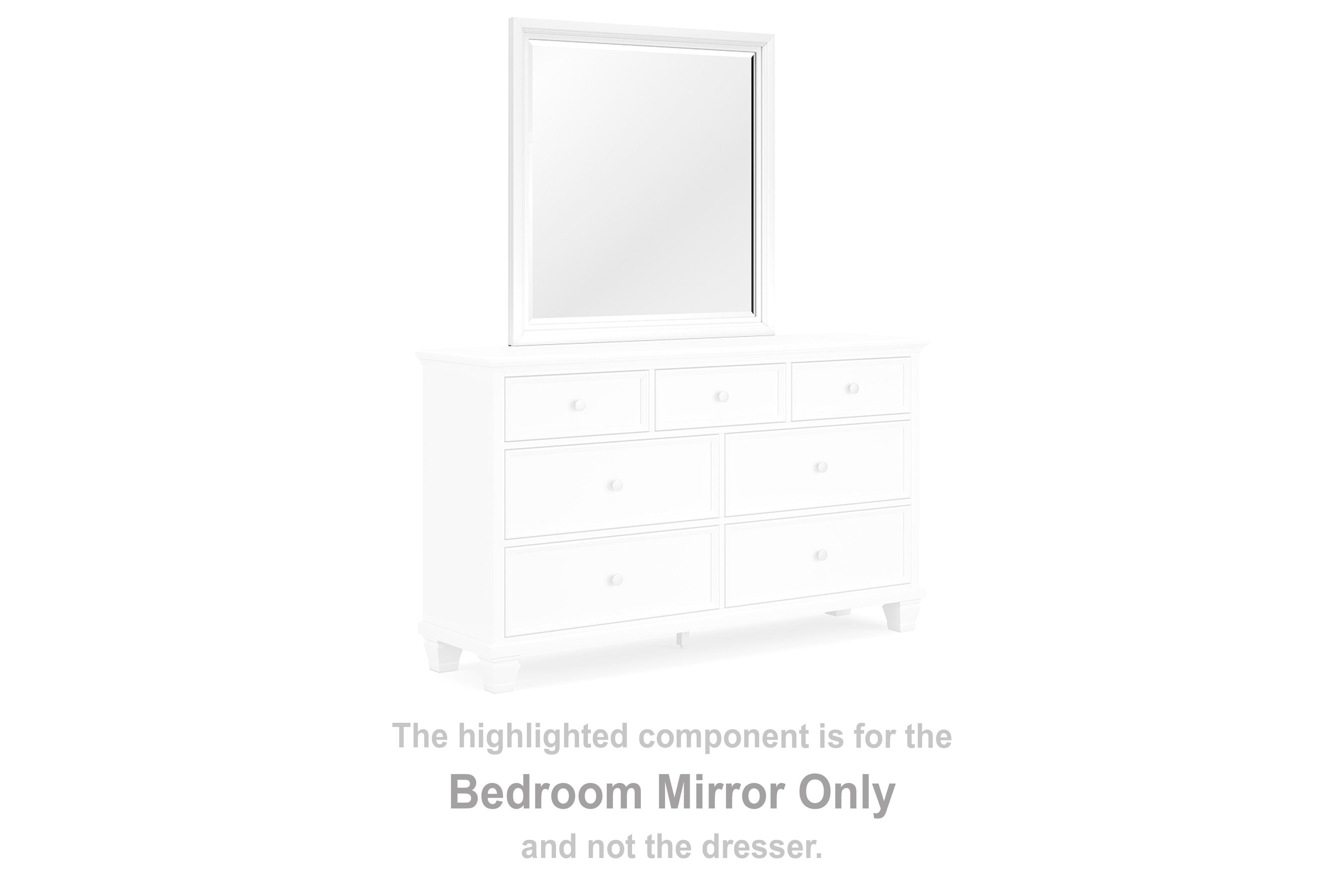 White bedroom mirror with slim frame, shown behind a dresser