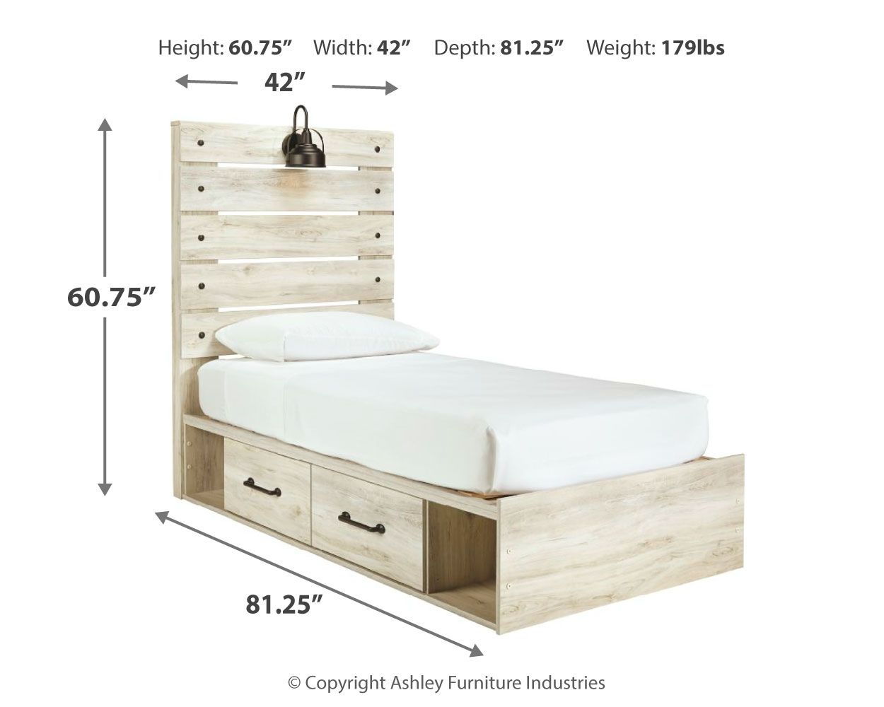 Cambeck panel bed with 2 drawers, beige wood, slatted headboard, white mattress.