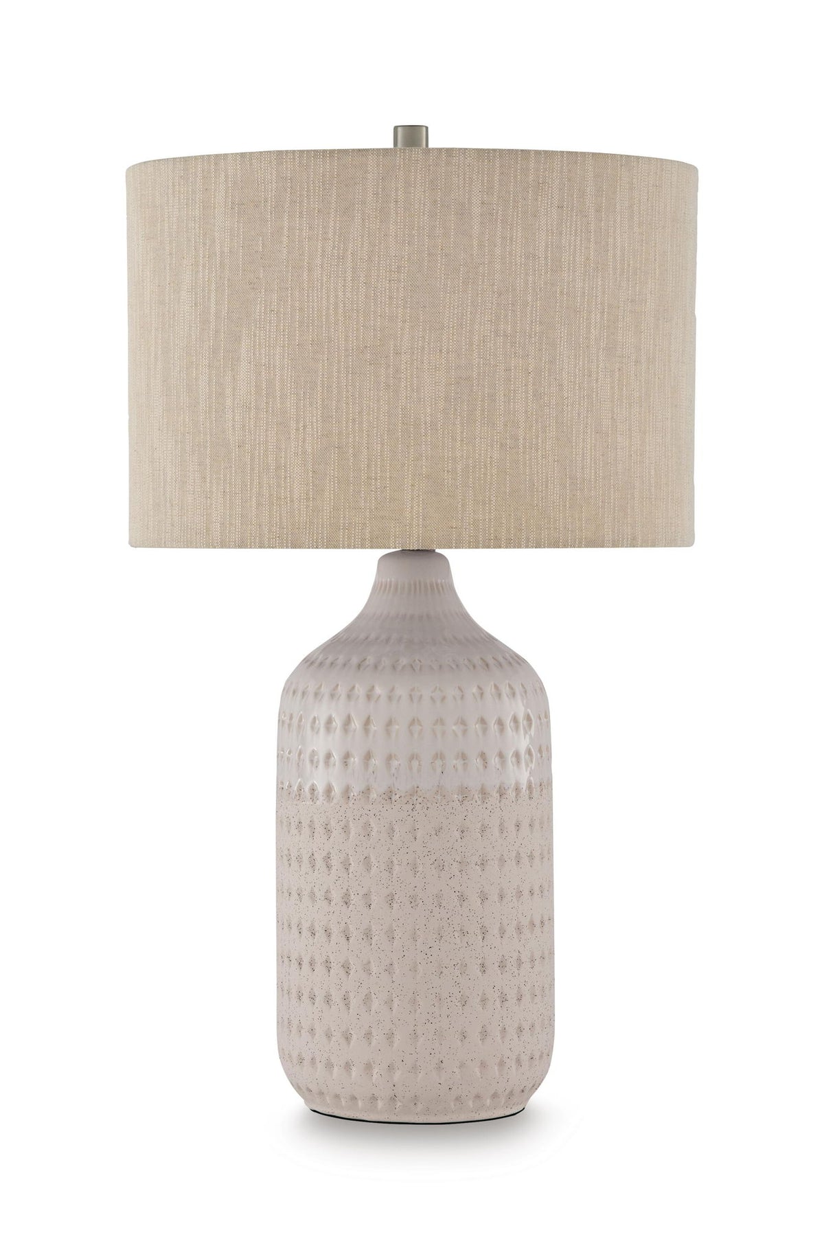 Beige ceramic table lamp with linen drum shade and textured white base