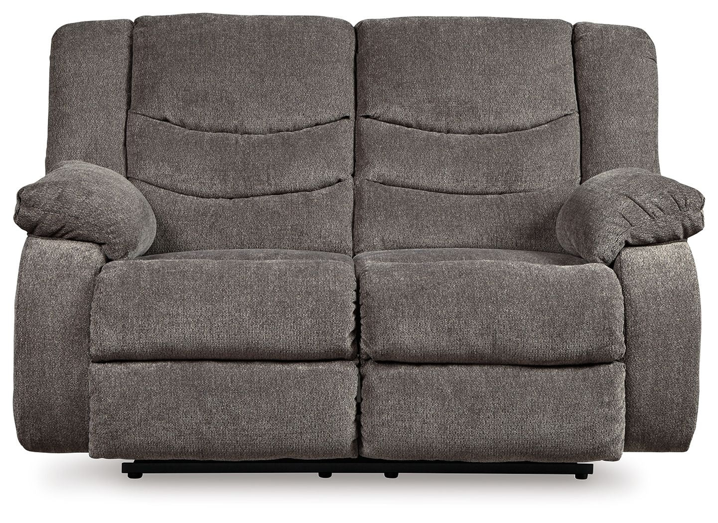 Gray reclining loveseat with padded arms, split back cushions, and recline footrest