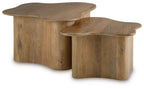 Set of 2 brown accent cocktail tables with rounded tops and curved block bases