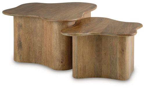 Set of 2 brown accent cocktail tables with rounded tops and curved block bases