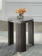 Gray marble-look triangle end table with flat top surface and dark wooden legs