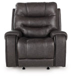 Smoke rocker recliner chair with tufted seatback, wide arms, and cushioned headrest