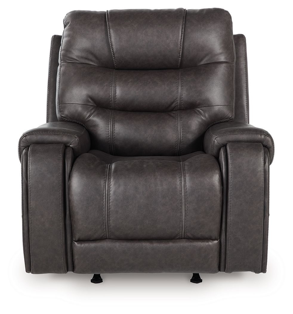 Smoke rocker recliner chair with tufted seatback, wide arms, and cushioned headrest