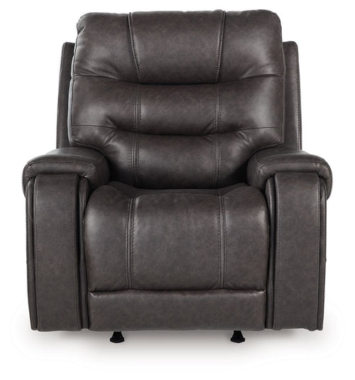 Smoke rocker recliner chair with tufted seatback, wide arms, and cushioned headrest
