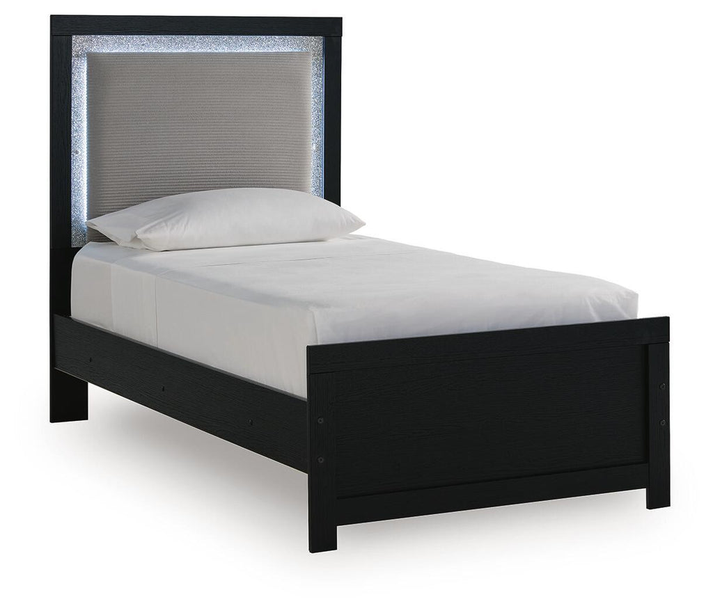Upholstered panel bed with black frame, gray fabric headboard, light bedding