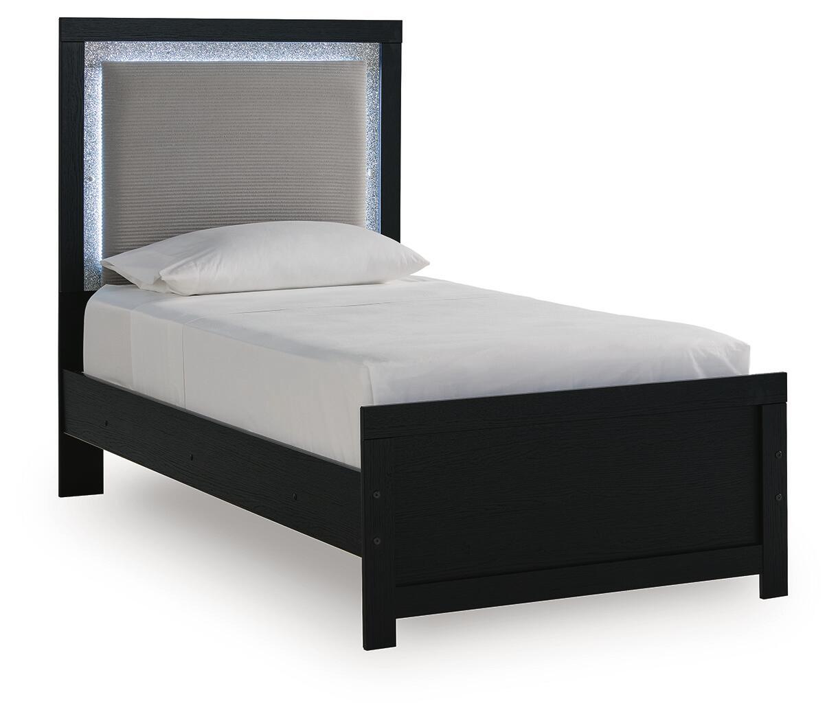 Upholstered panel bed with black frame, gray fabric headboard, light bedding