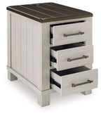 Chair side end table with dark brown top, open drawers, and metal bar handles