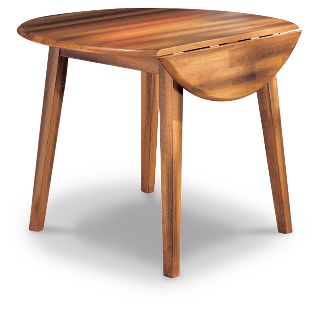 Round rustic brown drop-leaf table with open leaf edge and tapered legs