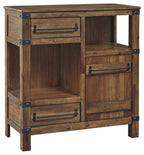 Light brown accent cabinet with two drawers, open shelf, and bronze metal pulls