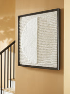 Framed wall decor with tan-and-white textured fabric and a large vertical white panel