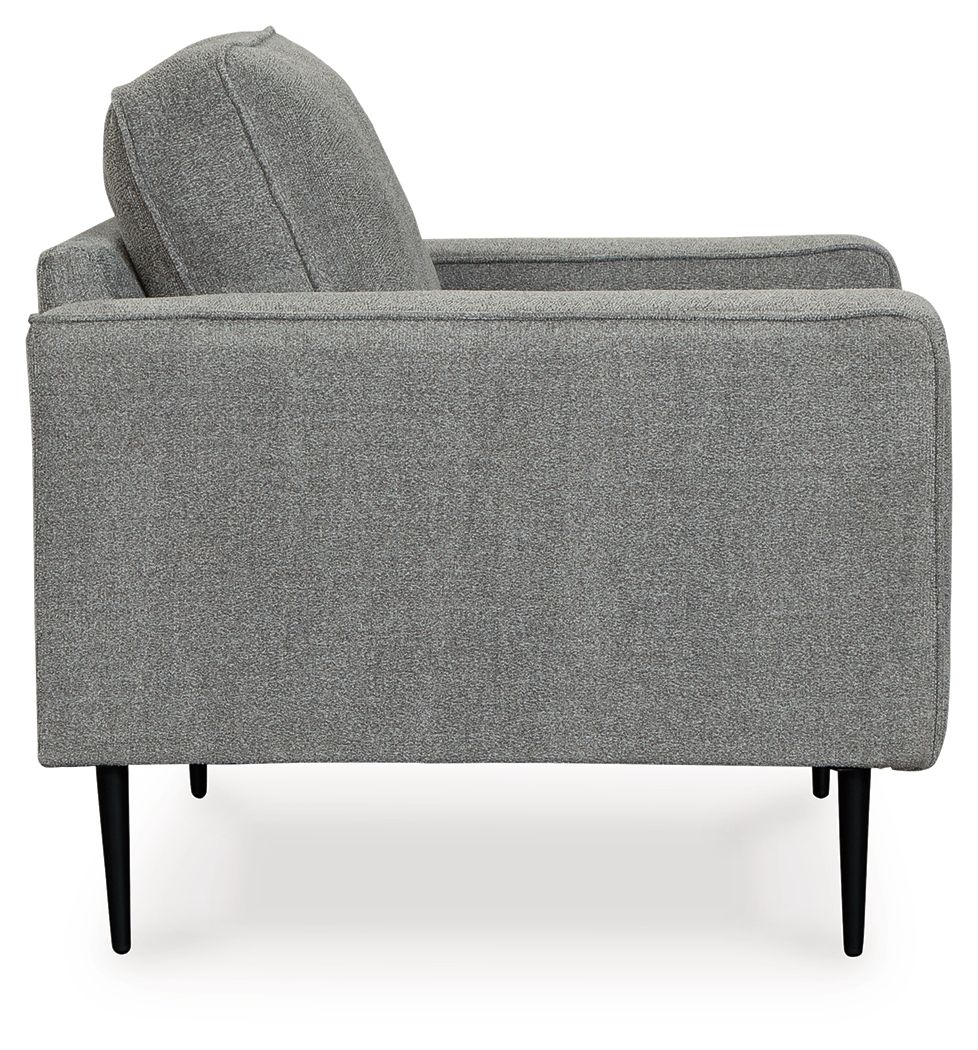 Charcoal fabric upholstered chair, tall back, wide seat cushion, black tapered legs