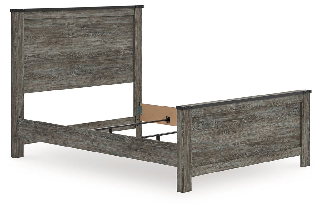 Gray panel bed frame with low footboard and open support base