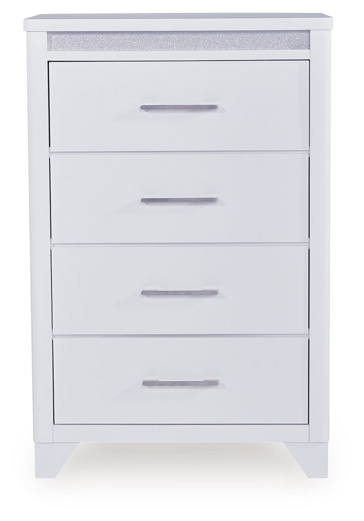 White four-drawer chest with textured top panel and metal bar handles
