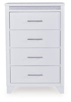White four-drawer chest with textured top panel and metal bar handles