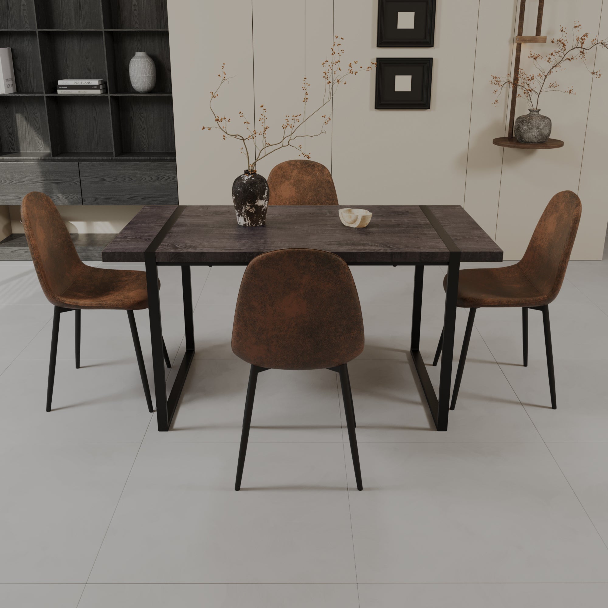 59" Black Dining Table Set - 4 Suede Chairs & Metal Base