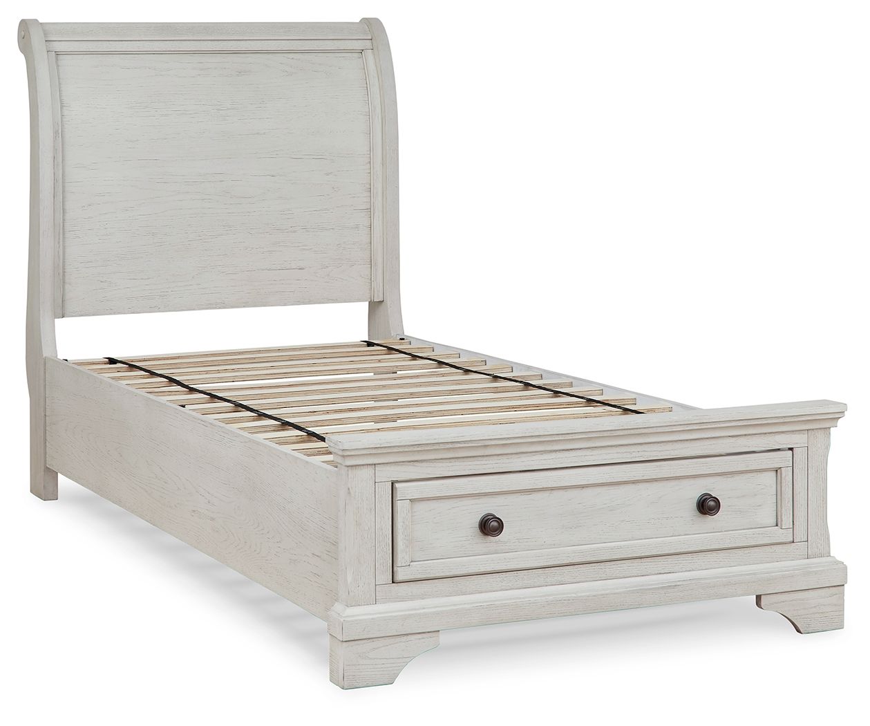 White sleigh bed with open slat base and two storage drawers in the footboard.