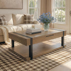 Light brown living room table with black legs and two-tier design