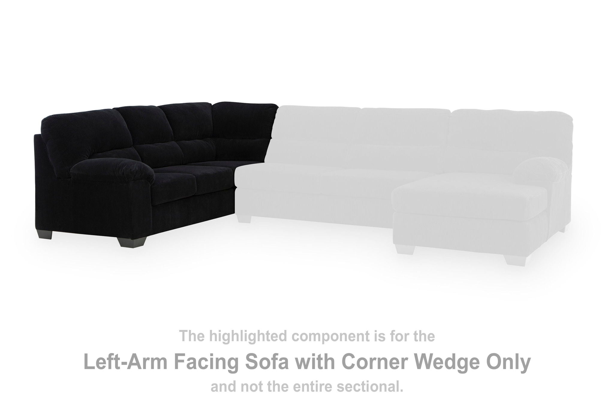 Black left-arm facing sofa with corner wedge, highlighted sectional piece