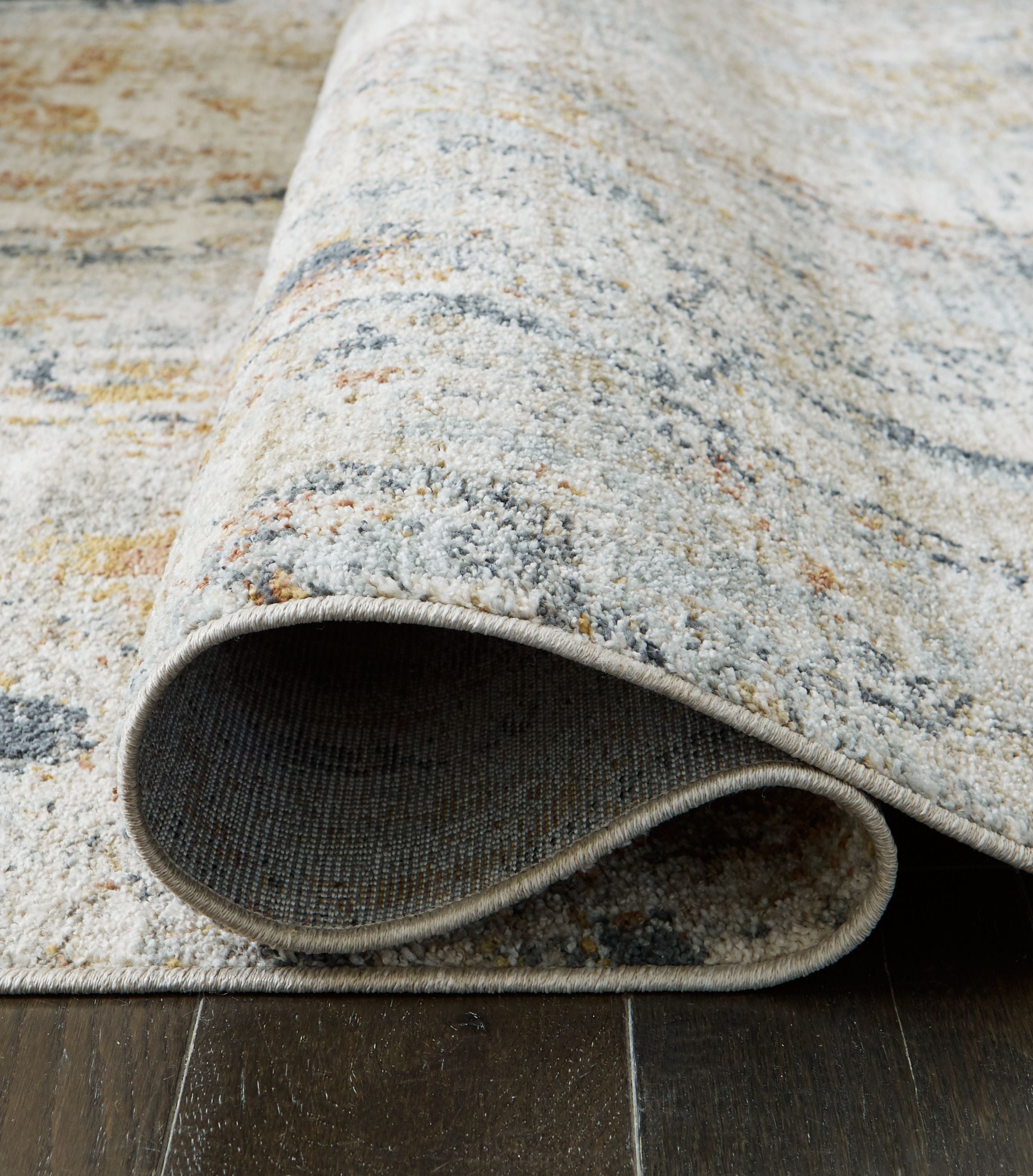 Distressed area rug, rolled edge; light gray/blue with orange speckle