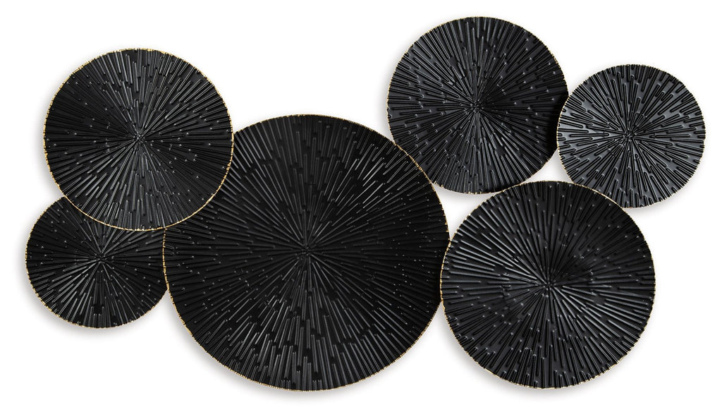 Black and gold circular wall decor with seven fan-textured discs, overlapping