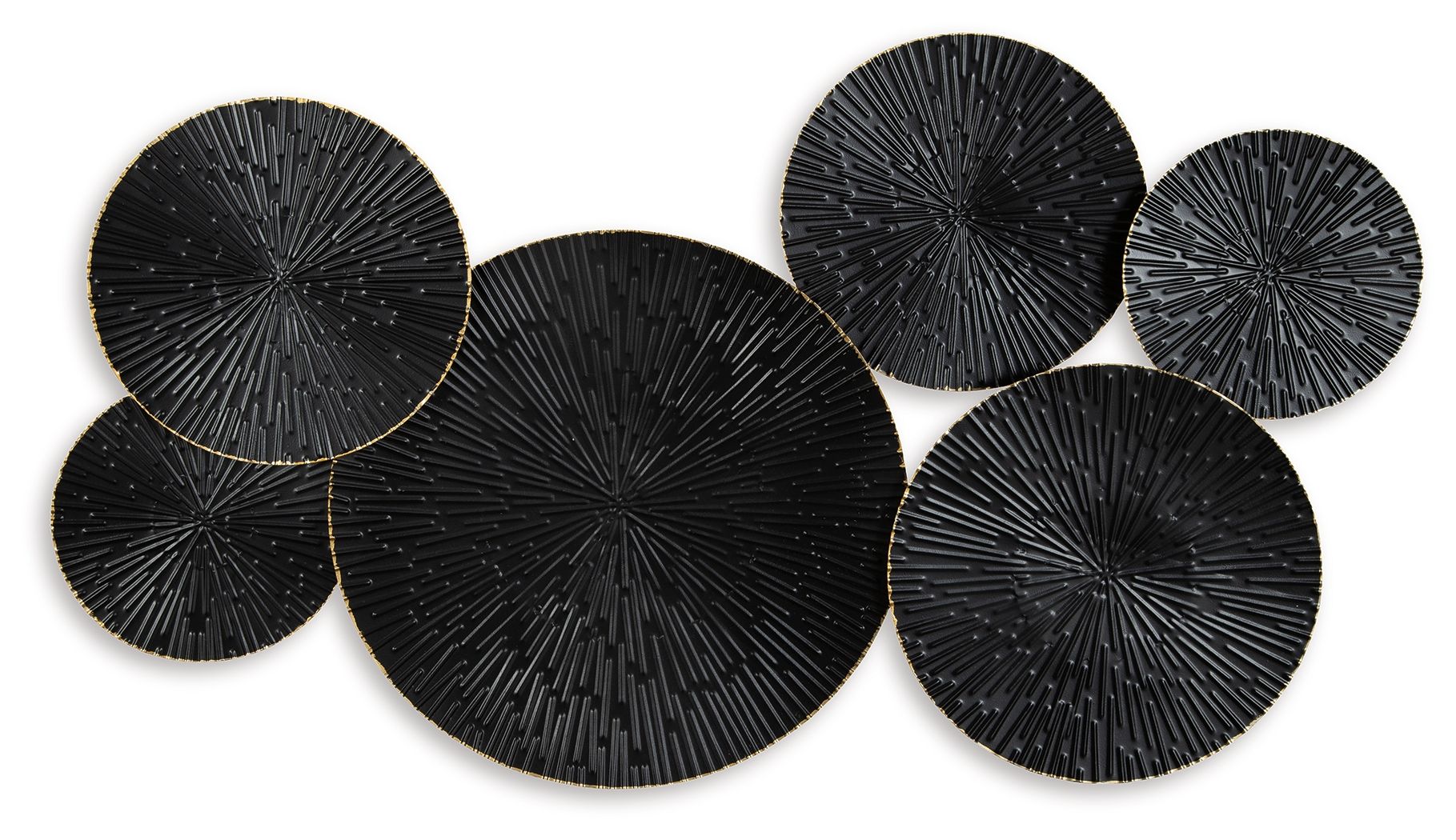 Black and gold circular wall decor with seven fan-textured discs, overlapping