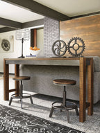 Dark brown long counter table with two round swivel stools