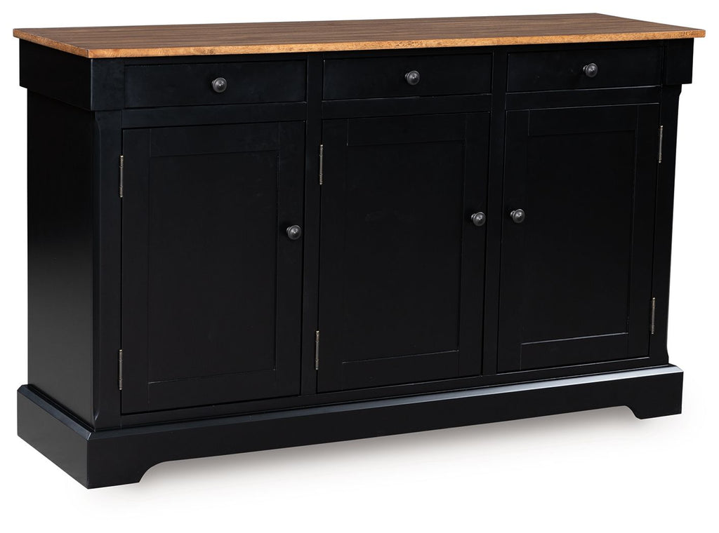 Dining room buffet cabinet with brown wooden top, black doors and drawers
