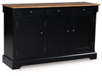 Dining room buffet cabinet with brown wooden top, black doors and drawers