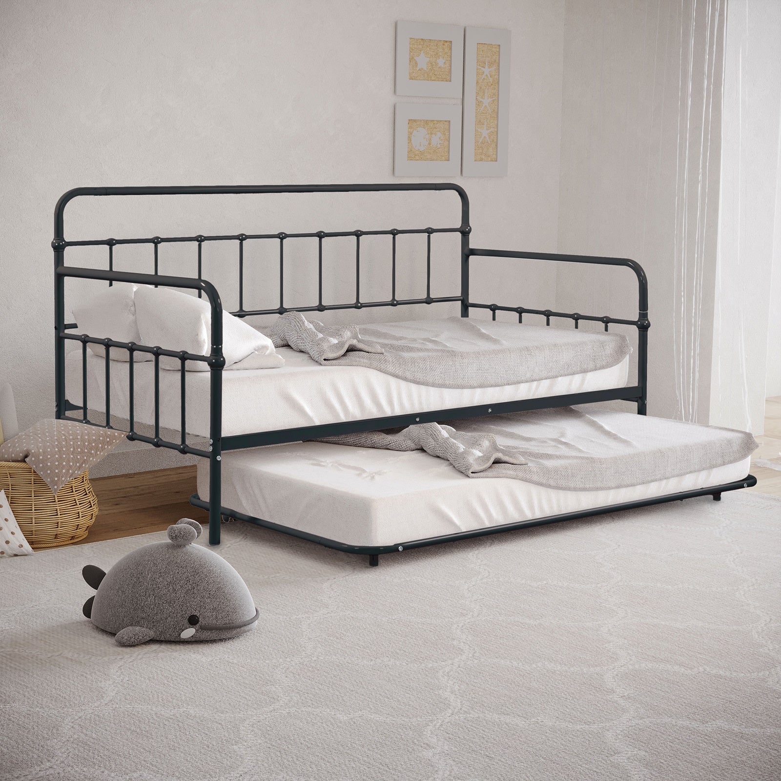Black Twin Metal Daybed with Trundle - Contemporary, Mattress Ready