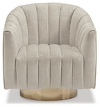 Light pearl upholstered swivel accent chair with rounded back, channel tufting, gold base