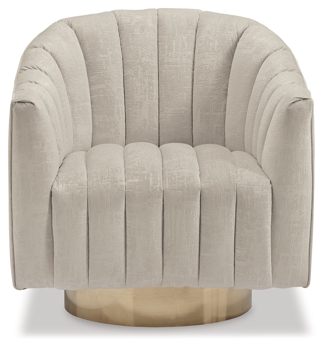 Light pearl upholstered swivel accent chair with rounded back, channel tufting, gold base