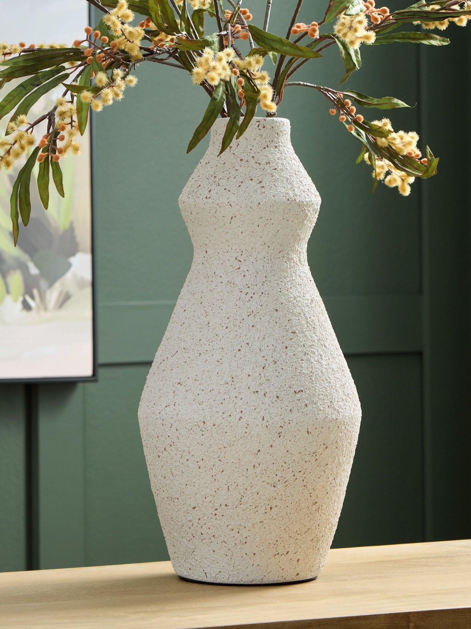 Dawthorne vase in speckled white with tapered neck and rounded shoulders