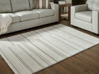 Rectangular off-white area rug with beige horizontal stripe pattern