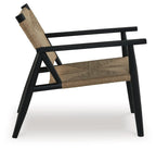 Accent chair side view, black frame with natural woven seat and back, wide arms