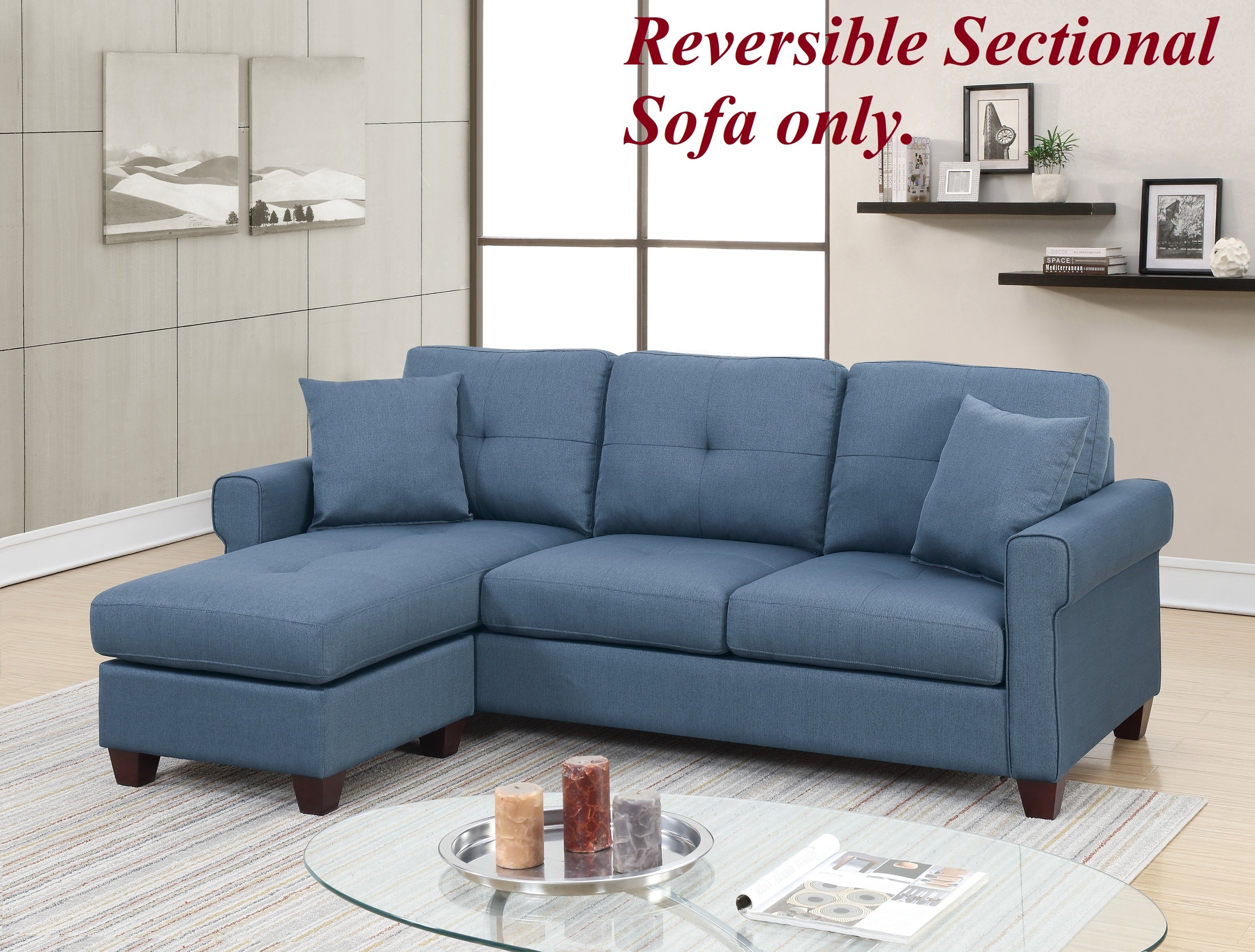 Modern Blue Glossy Polyfiber Reversible Sectional Sofa with Chaise