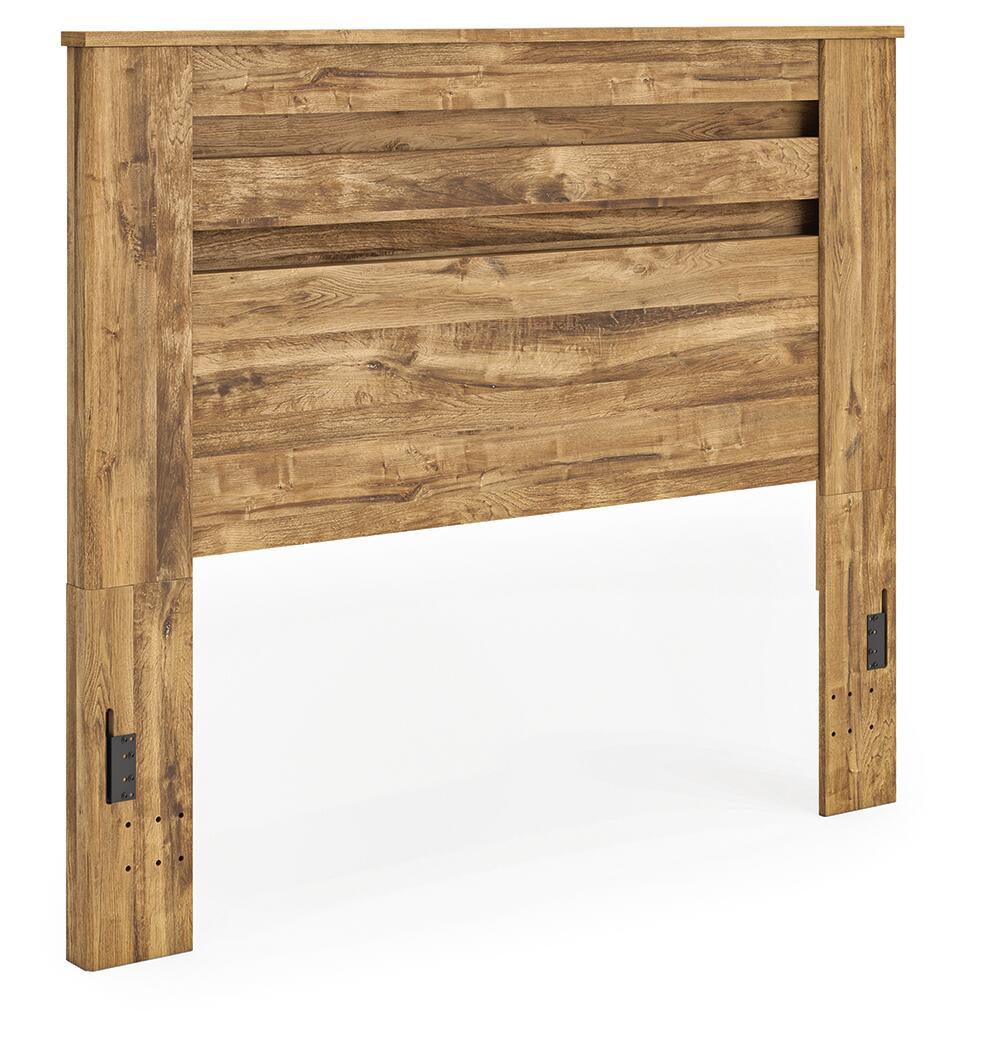 Light brown wood panel headboard with horizontal slats, angled side view