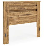 Light brown wood panel headboard with horizontal slats, angled side view