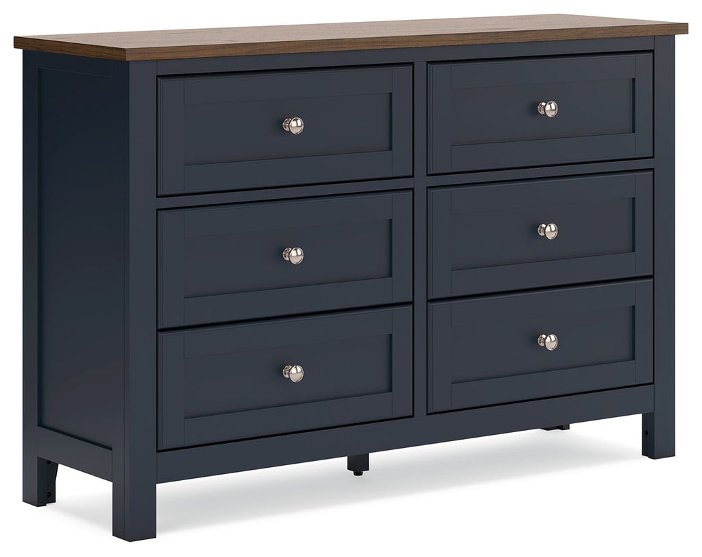 Brown-top blue dresser with six drawers and round silver knobs